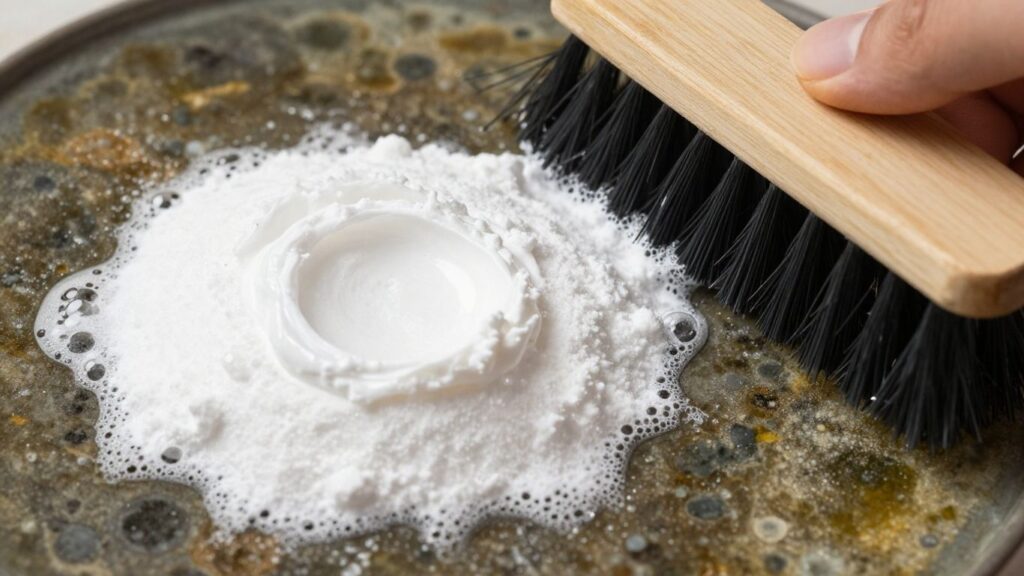 Baking soda and vinegar cleaning mold on a surface.