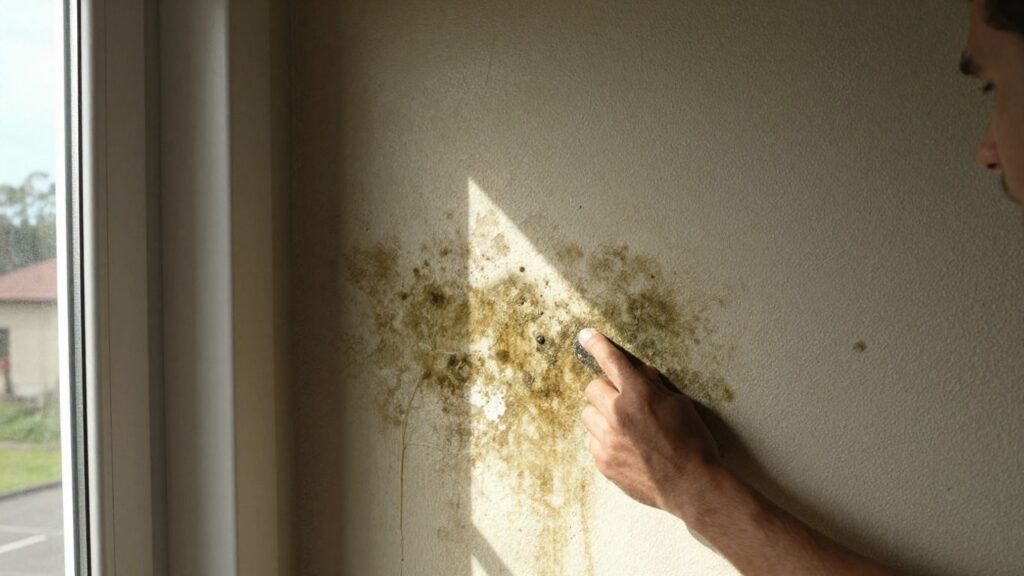 Homeowner looking at mold on a wall.
