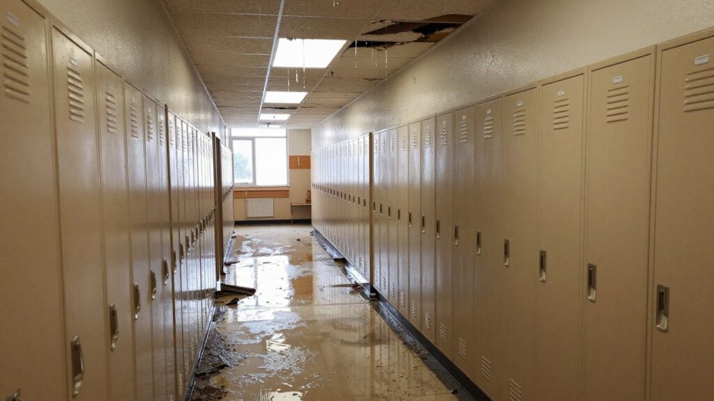 School hallway with water damage and puddles on floor.