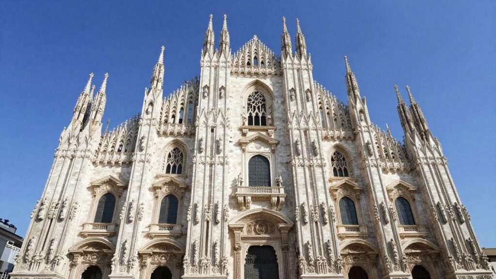 Cathedral exterior with water damage and repair equipment.