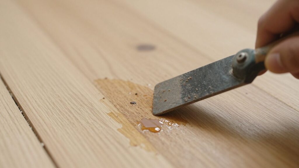 Repairing water-damaged wood floor with sanding tool.