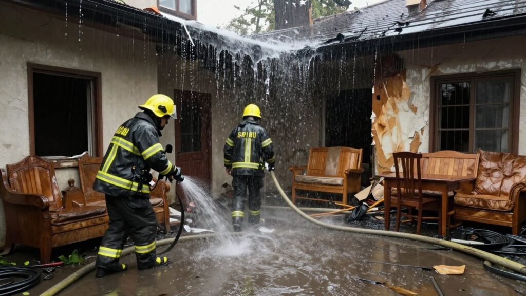 Water damage inside a building after a fire.