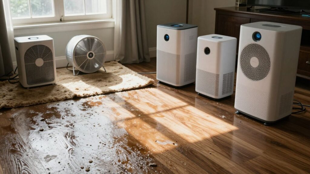 Drying a flooded carpet with fans and dehumidifiers.