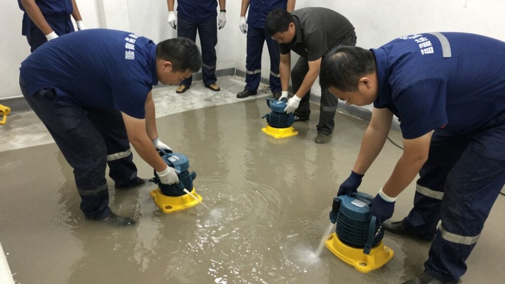 Basement flood cleanup in progress by professionals.
