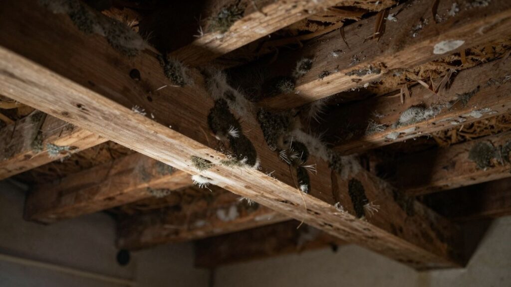 Attic mold growth on wooden beams and insulation.