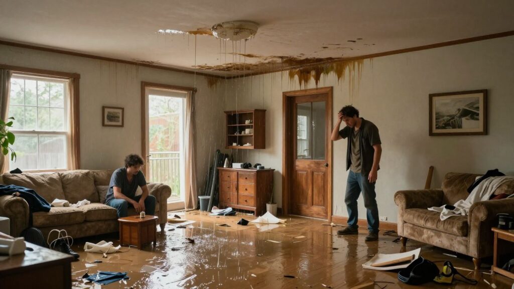 Flooded home interior with water damage and distressed homeowner.