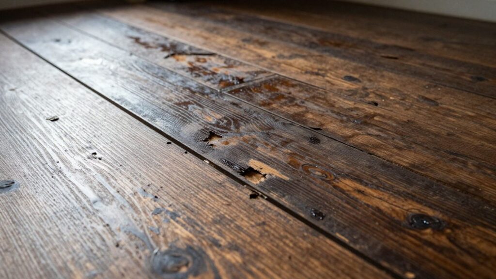 Damaged wood floor with water stains and warping.