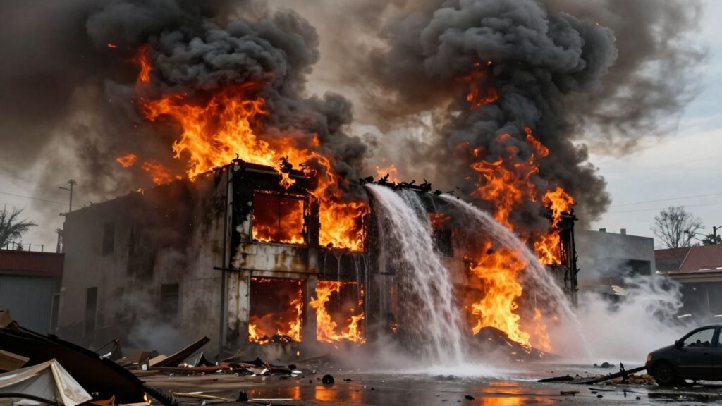 Firefighters battle blaze causing water damage to buildings.