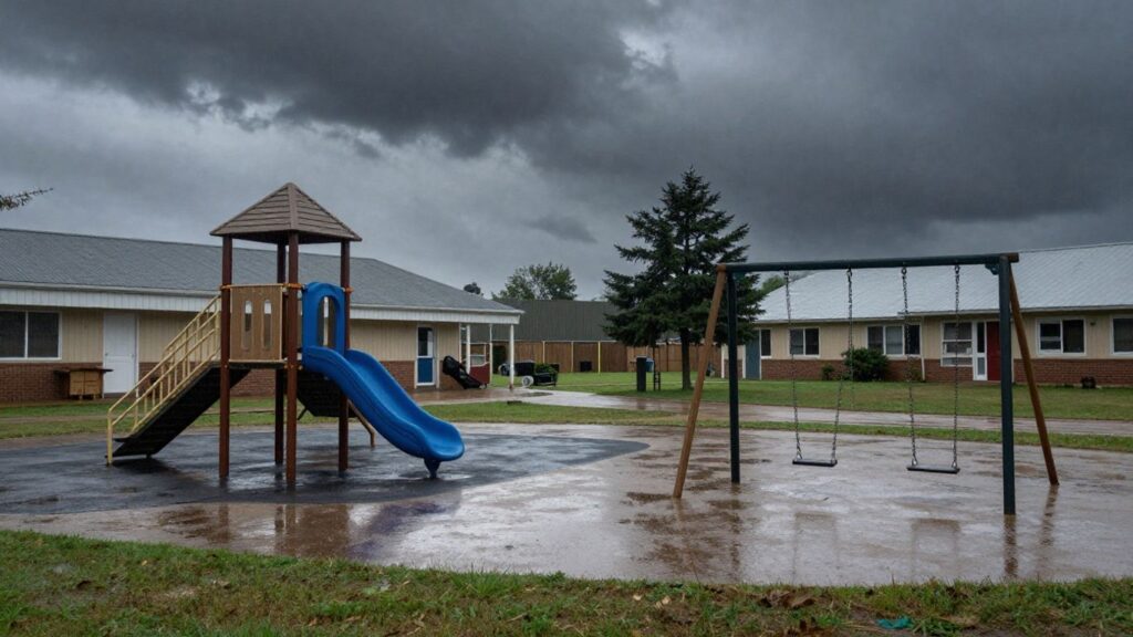 Stormy weather over closed elementary school grounds.