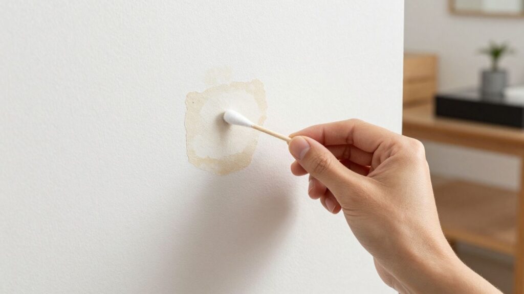 Person testing wall for mold with swab