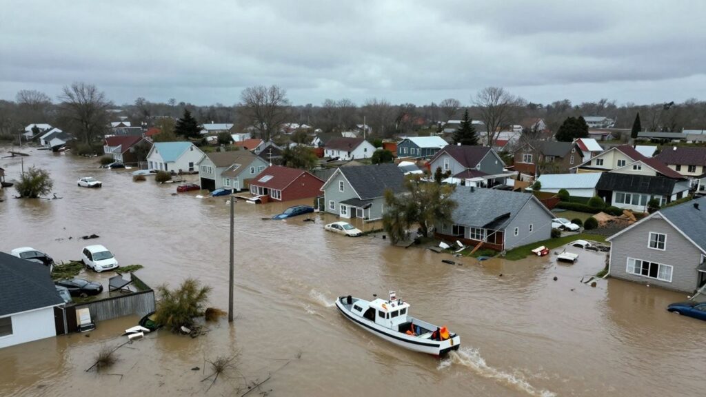 Flooded town with damaged homes and debris.