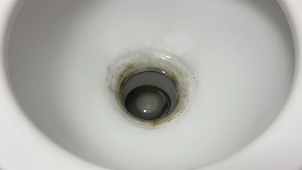 Black mold growing inside a toilet bowl.