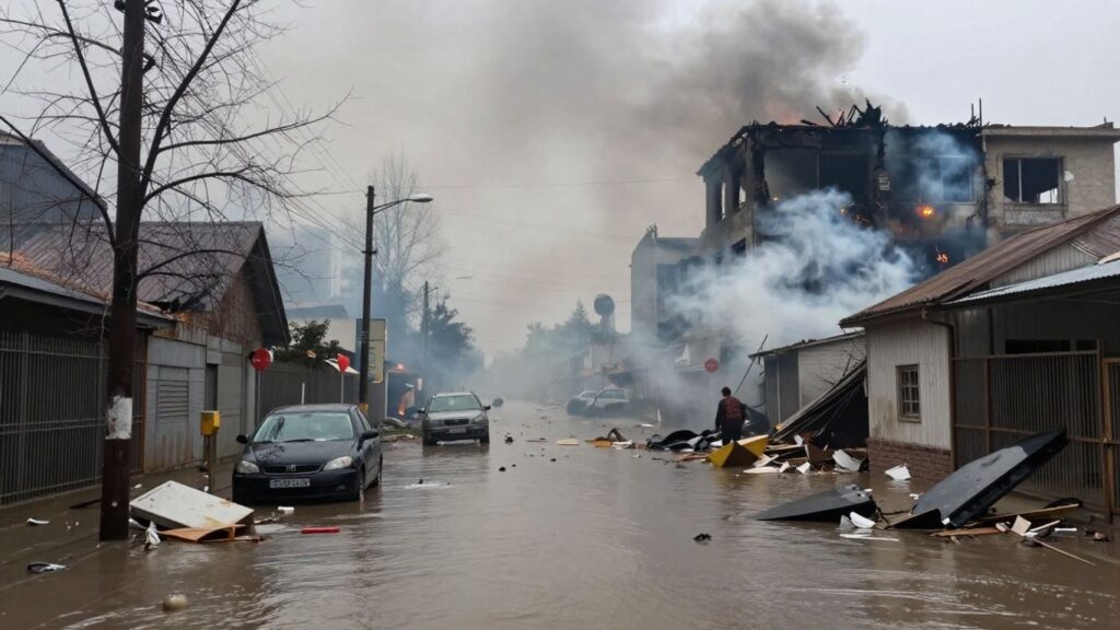 Flooded street with damaged buildings and smoke.
