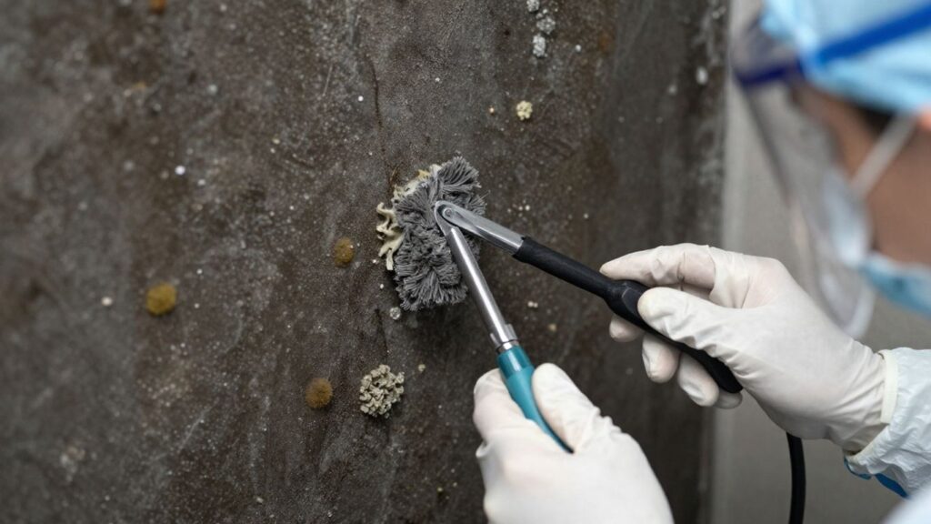Professional cleaning black mold from a wall.