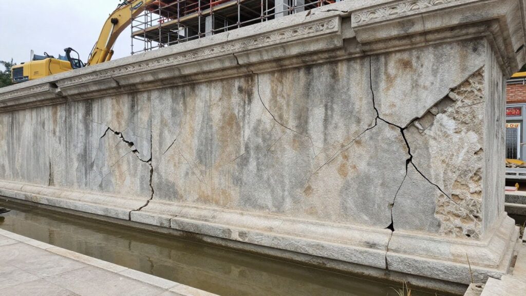 Damaged cultural landmark with water damage and repairs.