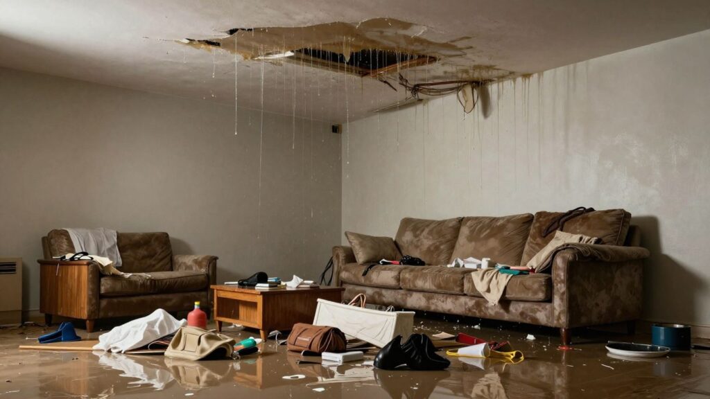 Flooded home interior with water damage and dripping ceiling.