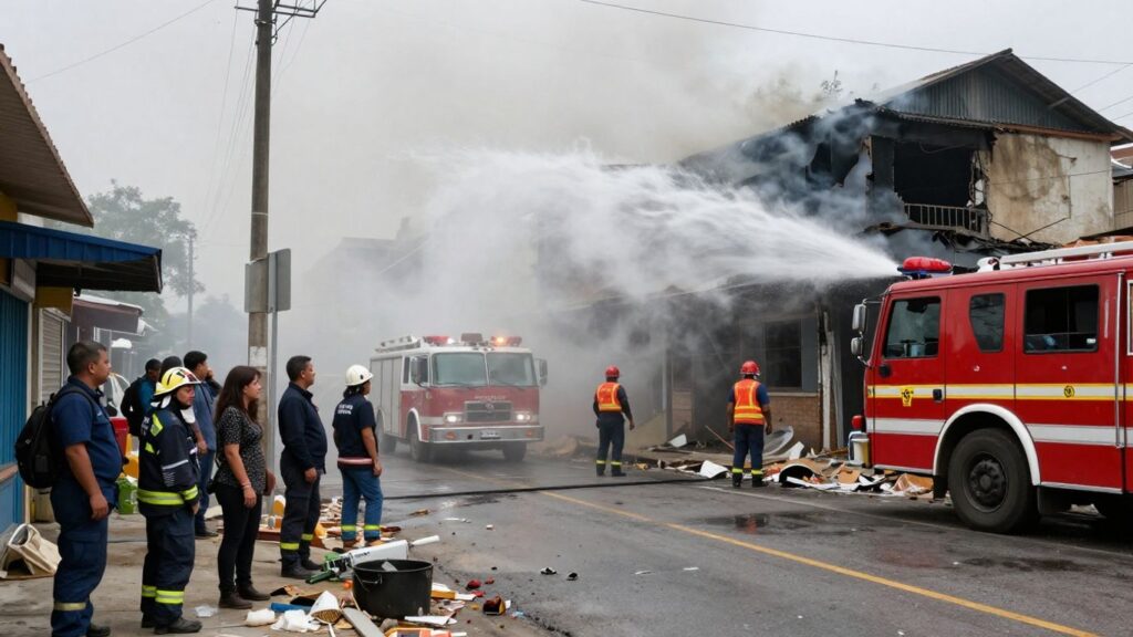 Firefighters battle blaze, causing water damage and displacement.