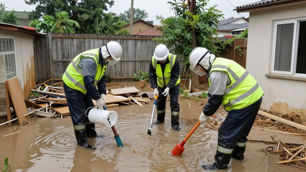 Flood restoration professionals drying a damaged home.