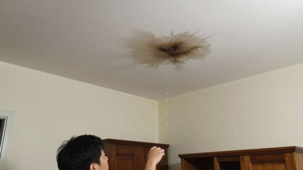 Water damage in a living room from a ceiling leak.