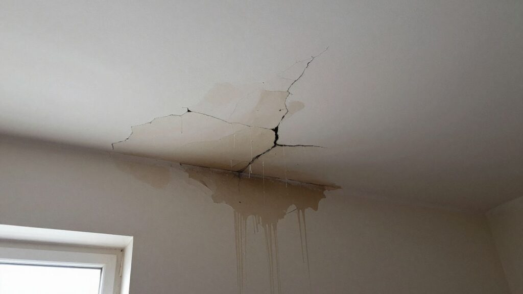 Damaged public building interior with water stains and cracked plaster.