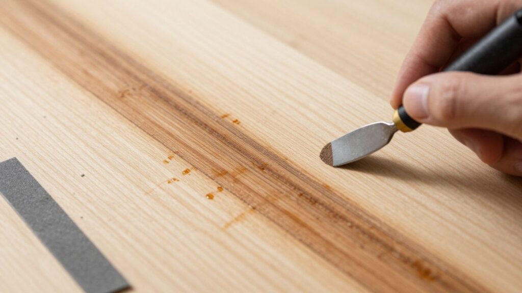 Repairing water-damaged wood with sanding and tools.